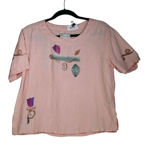 Play Alegre Blouse Small Medium Pink Floral 100% Linen Handpainted Lagenlook